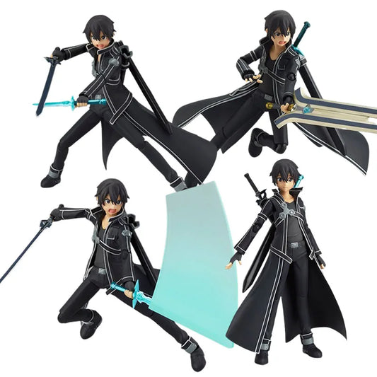 Figura de juego de Anime de 14CM, espada de Anime japonés, arte en línea, Kirito, puede cambiar la cara, traje de batalla, modelo de muñecas de pie, juguete de PVC
